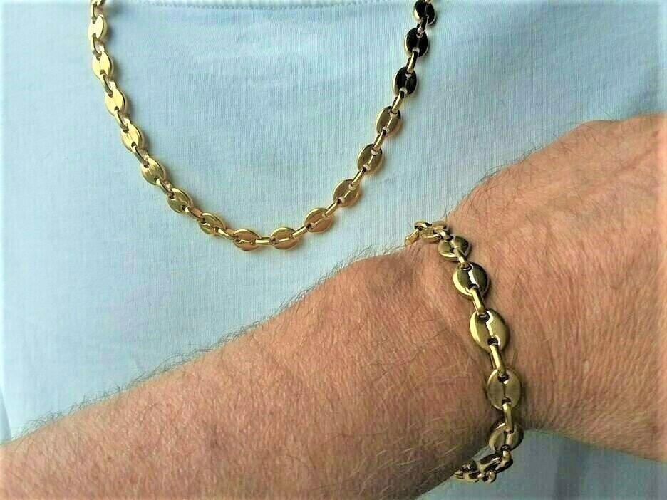 Edelstahl! Schicke Bohnenkette mit Armband in Gold