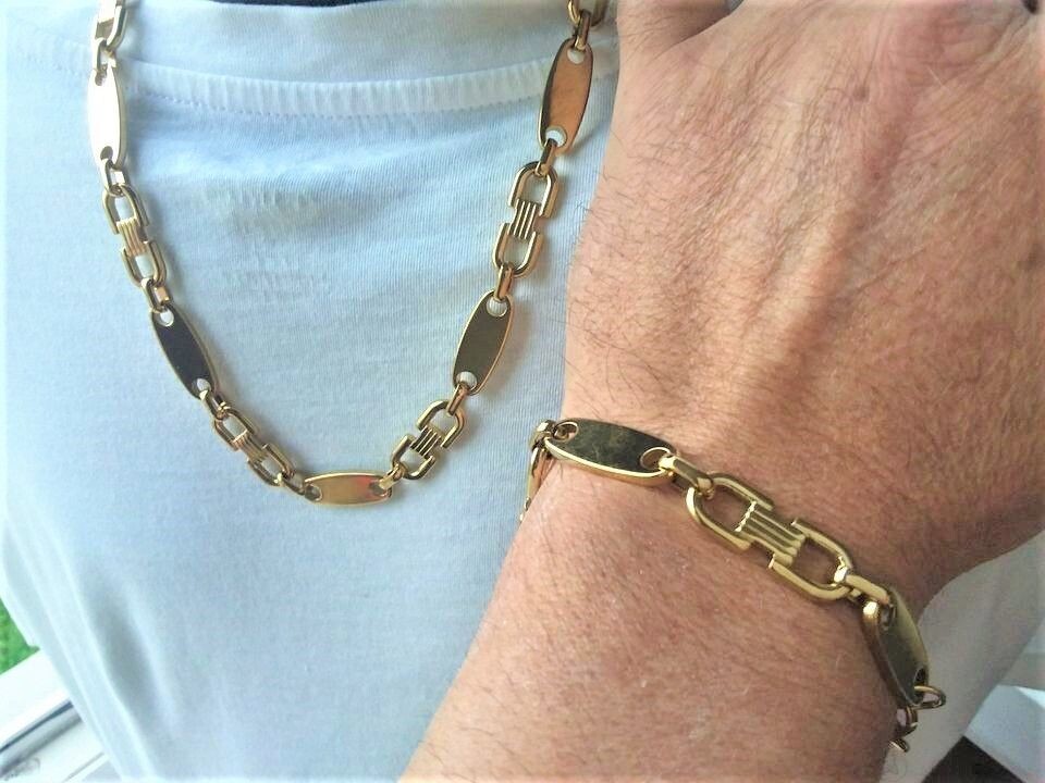 TOP ANGEBOT!! Edelstahl !!! Große Platten Kette mit Armband in Gold