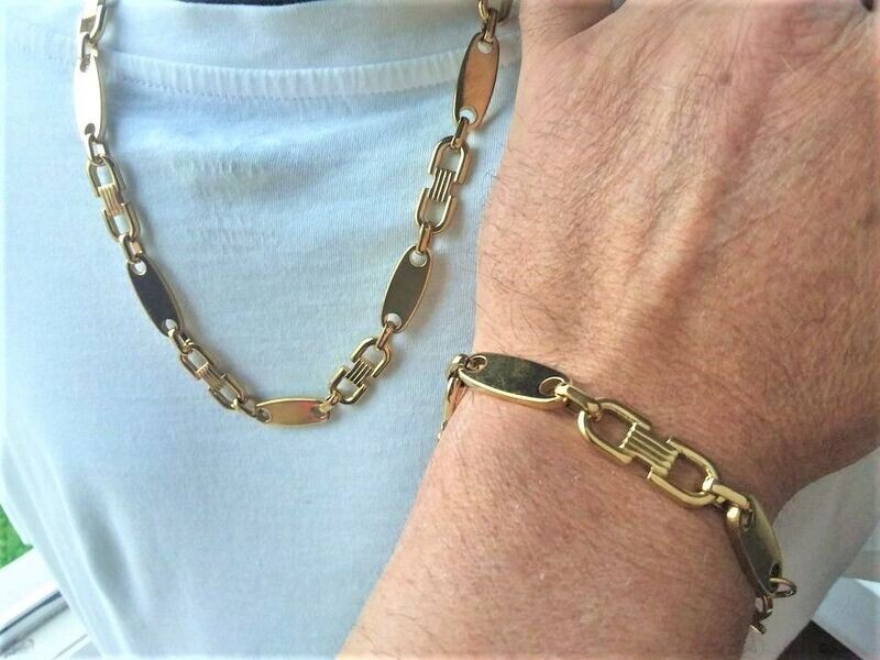 Edelstahl !!! Große Platten Kette mit Armband in Gold