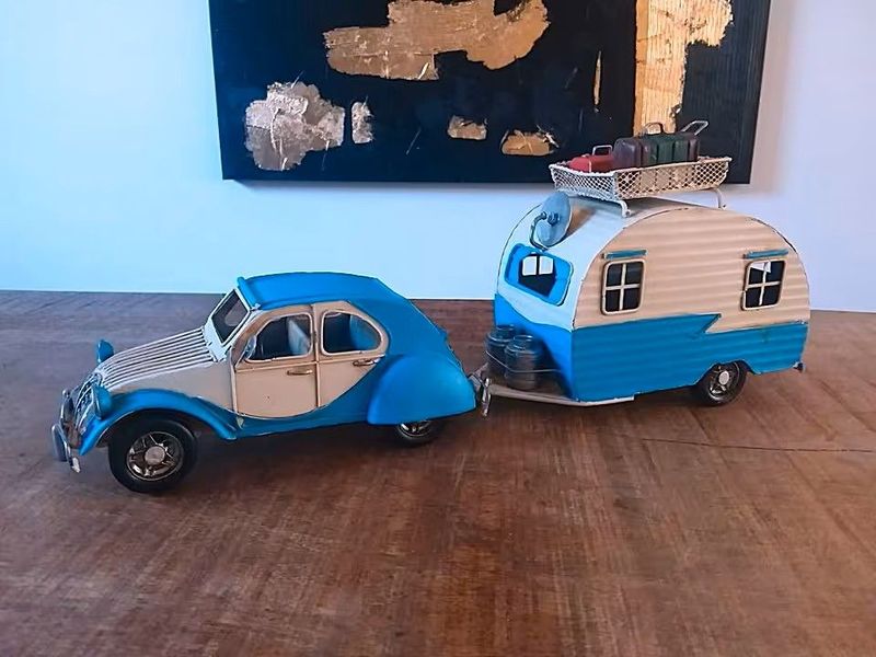 Großes 2CV mit Caravan Modell, handgefertigt, Auto, Wohnwagen Großes 2CV mit Caravan Modell, handgefertigt, Auto, Wohnwagen
