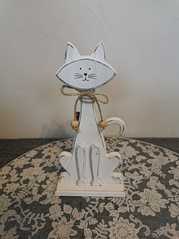 CHAT ASSIS EN BOIS BLANCHI  -  10,5 x 22 x 4,5 CM