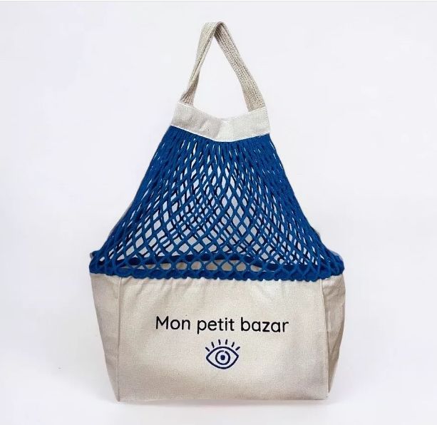 Sac Filet Brodé MON PETIT BAZAR Bleu SHOPPINETTE Sac Filet Brodé MON PETIT BAZAR Bleu SHOPPINETTE