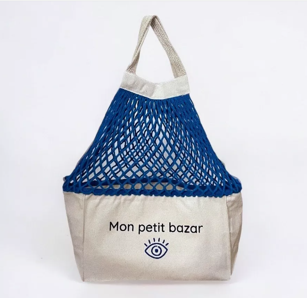 Sac Filet Brodé MON PETIT BAZAR Bleu SHOPPINETTE