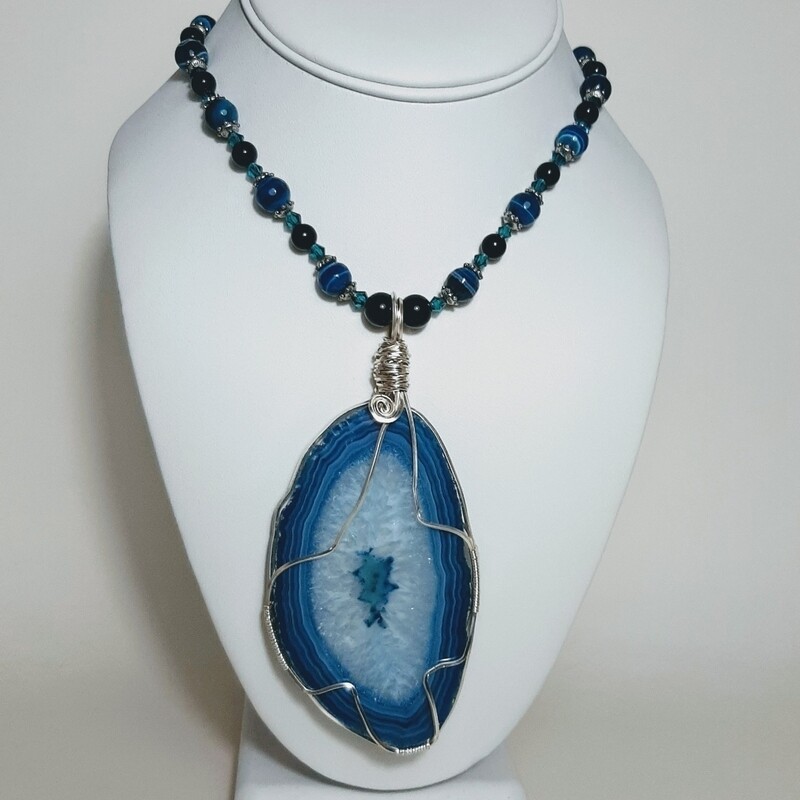 Blue Dyed Agate Wire Wrapped Necklace