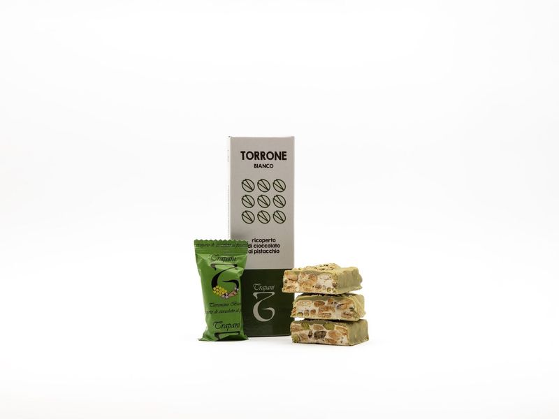 Almond and pistachio nougat covered with pistachio chocolate 100 gr Almond and pistachio nougat covered with pistachio chocolate 100 gr