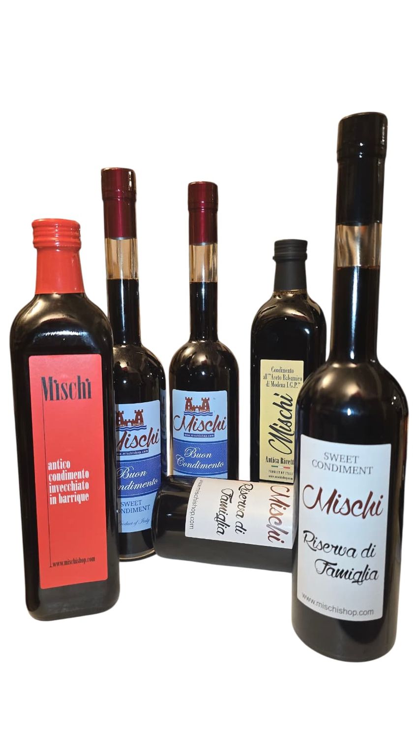 6 bottles of balsamic condiments from the Mischi family, from the most liquid and strong to the sweetest and densest!