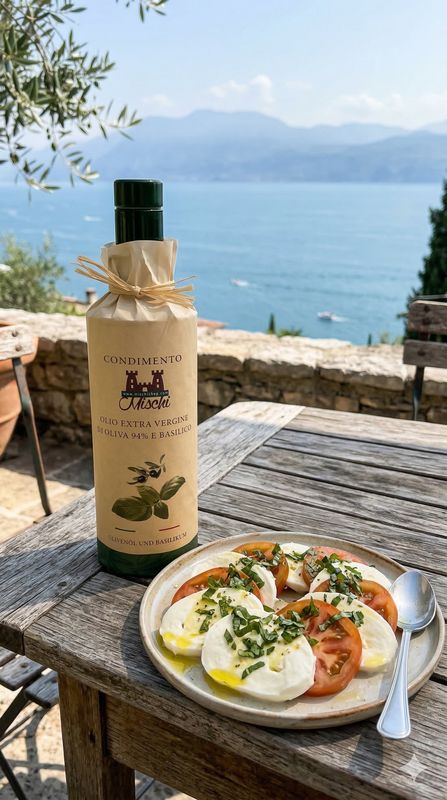 Seasoning based on extra virgin olive oil and basil 500 ml Seasoning based on extra virgin olive oil and basil 500 ml