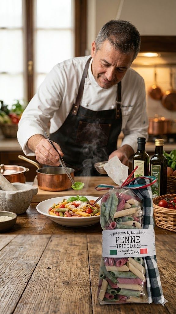 Artisanal Pasta, Tricolour Penne with table table. 400g