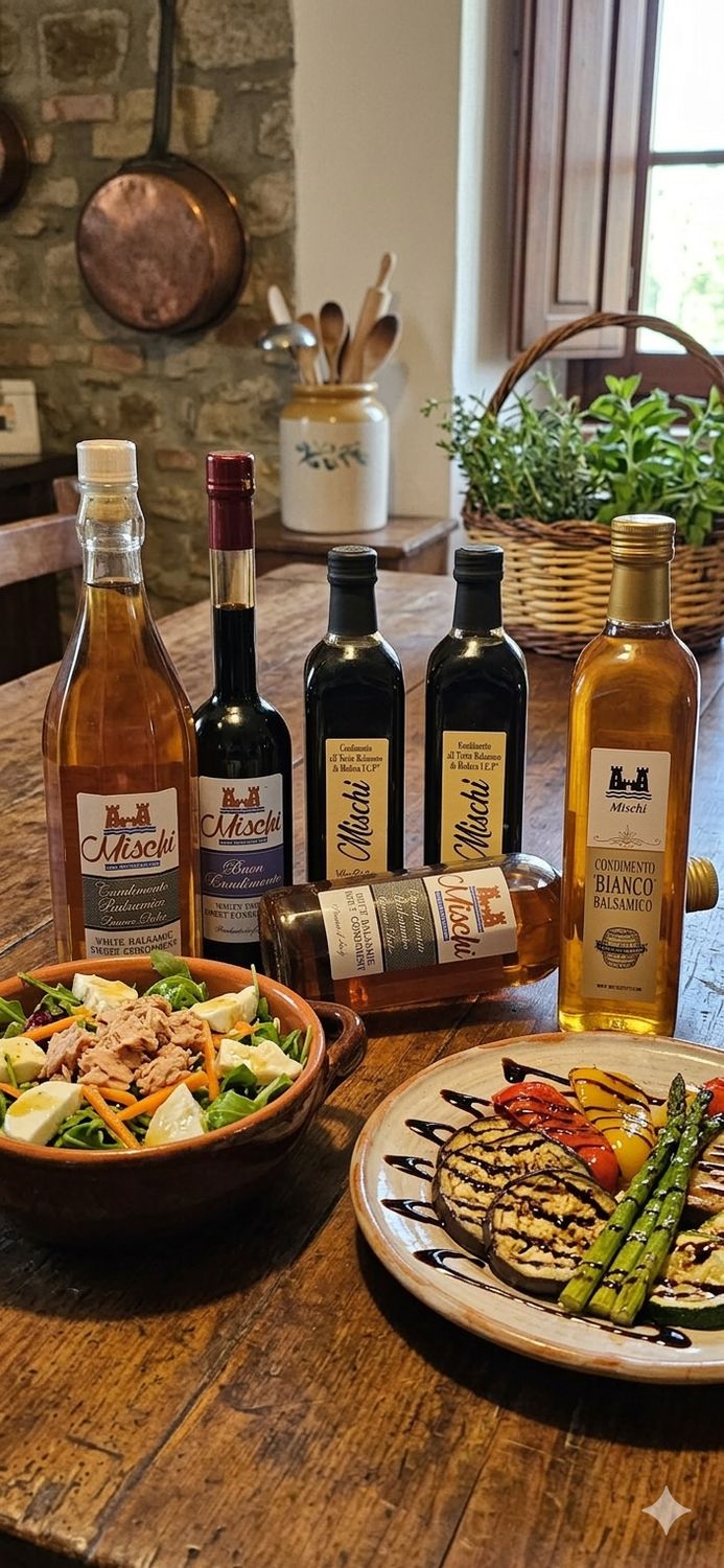 6 bottles of balsamic condiments from the Mischi family, from the most liquid and strong to the sweetest and densest! 6 bottles of balsamic condiments from the Mischi family, from the most liquid and strong to the sweetest and densest!
