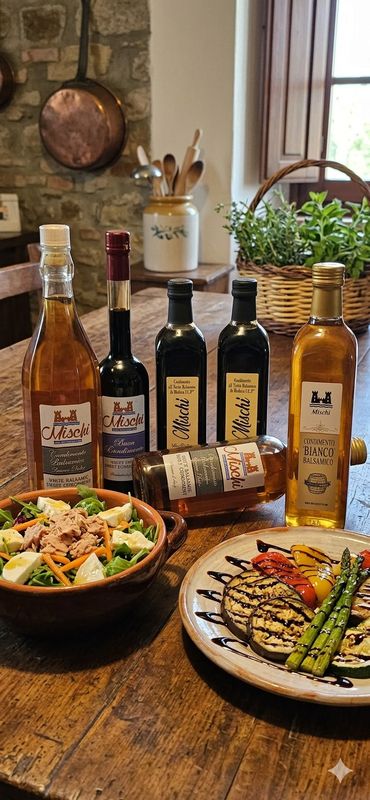 6 bottles of balsamic condiments from the Mischi family, from the most liquid and strong to the sweetest and densest! 6 bottles of balsamic condiments from the Mischi family, from the most liquid and strong to the sweetest and densest!