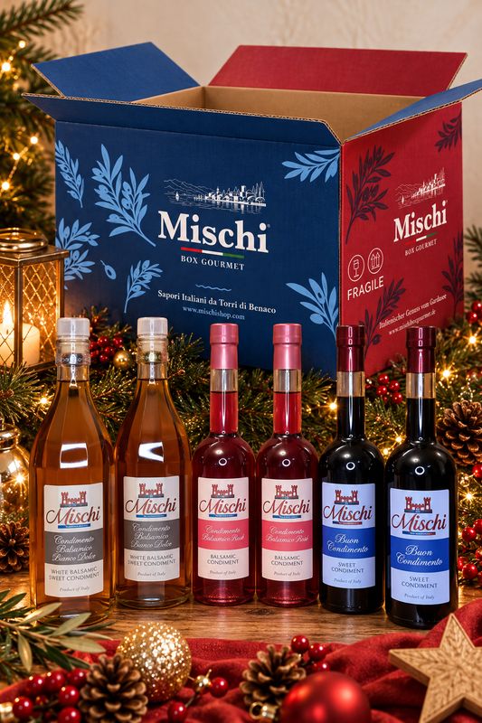 Mischi Christmas Box - 6 bottles of balsamic condiments | Three consistencies, three taste experiences Mischi Christmas Box - 6 bottles of balsamic condiments | Three consistencies, three taste experiences