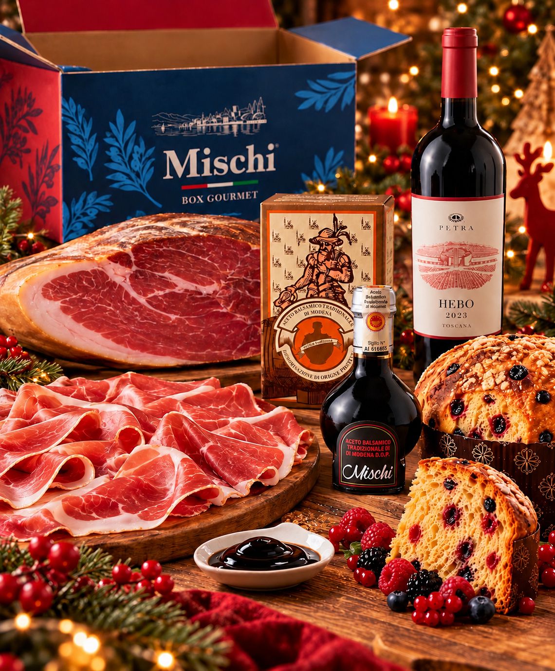 Mixed Christmas Gourmet Box - Tuscan wine, Parma Ham 30 months, panettone and Traditional Balsamic Parmesan cheese 30 months