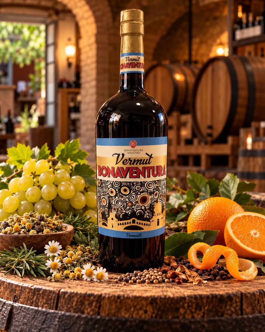 Vermut Bonaventura Maschio – Vermouth Ambrato Artigianale Veneto con Uve Glera e Botaniche – 1 Litro