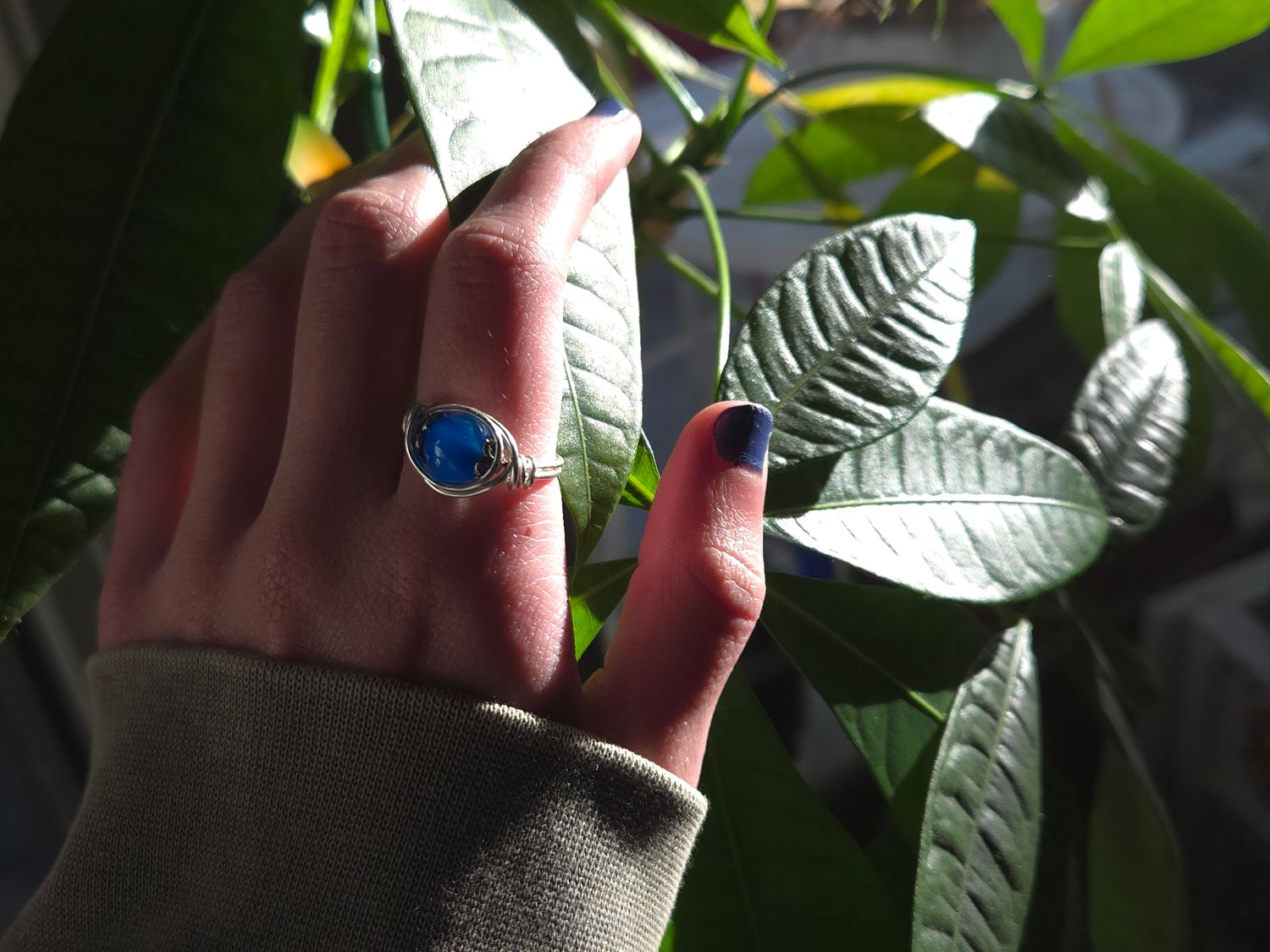 Blue Striped Agate Crystal Ring