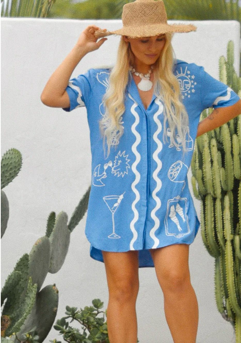 Wine Club Shirt Dress -Blue
