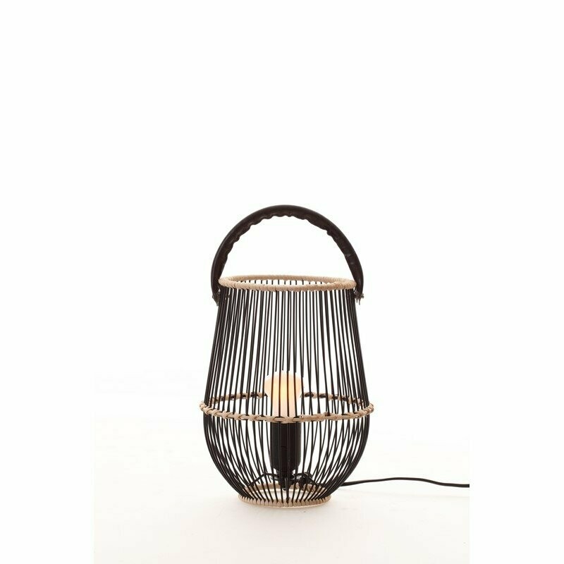 Lampe poser en bois naturel et cuir