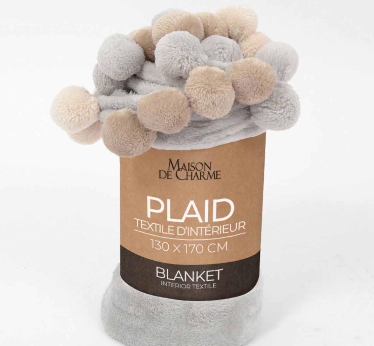 PONNIE plaid pompoms 130x170 gris