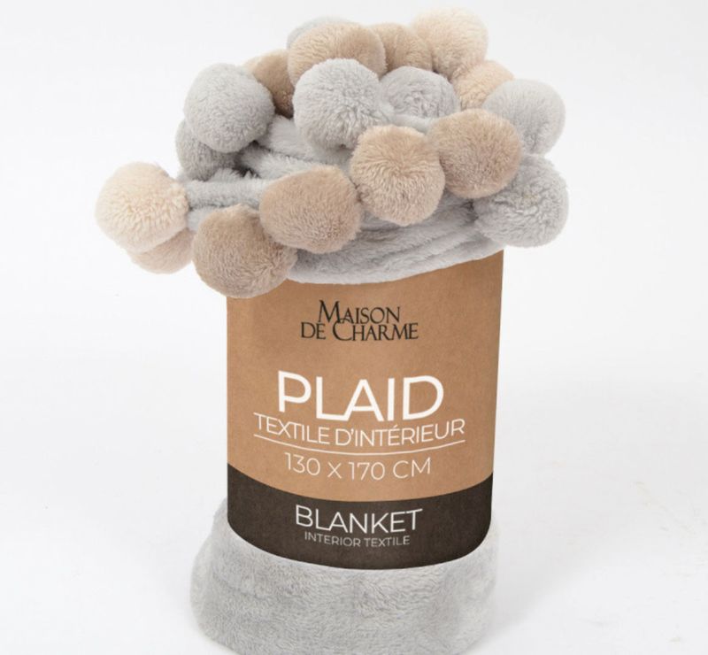 PONNIE plaid pompoms 130x170 gris