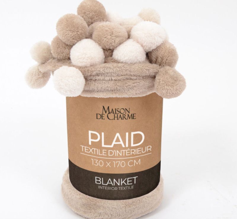 PONNIE plaid pompoms 130x170 taupe