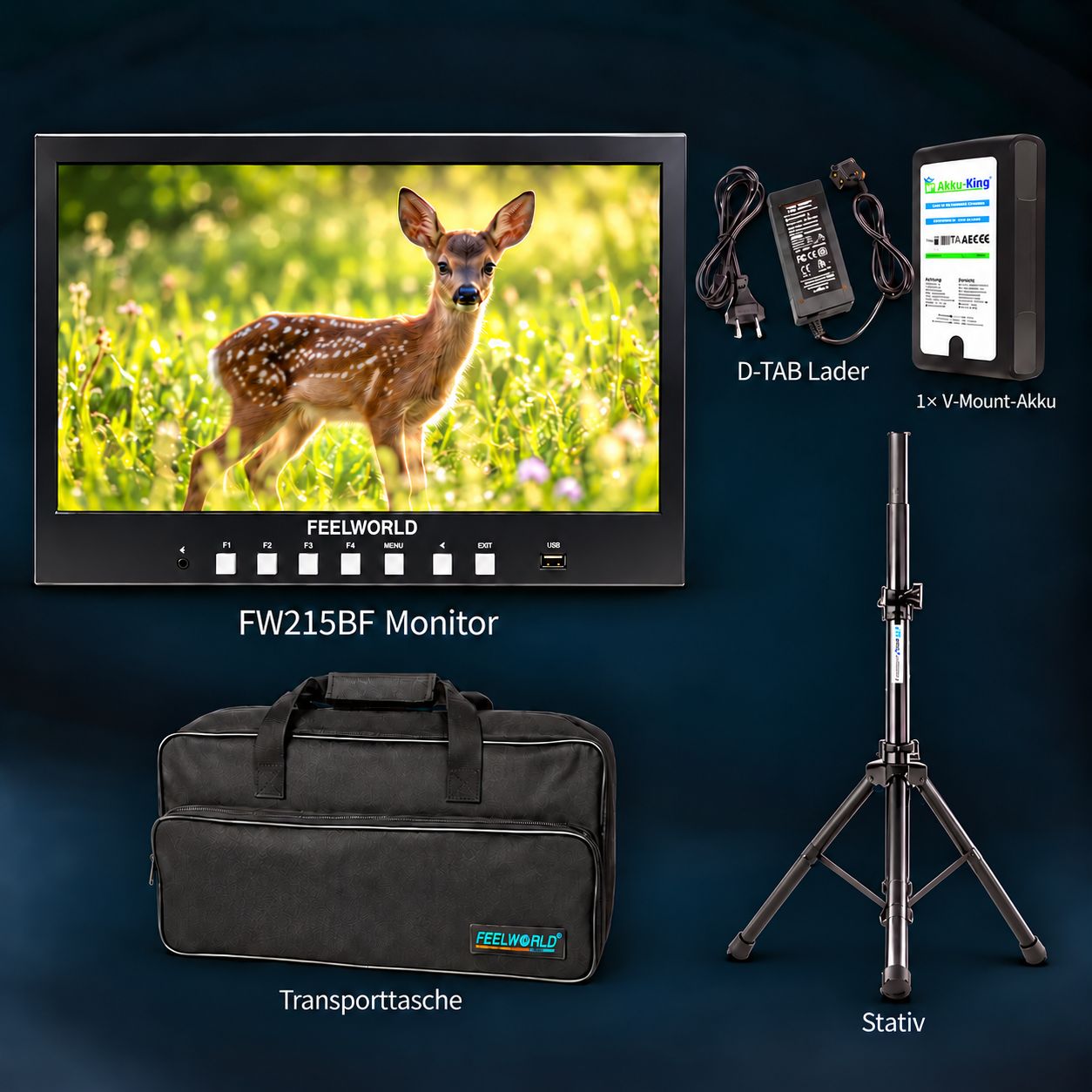 FEELWORLD 21.5" Monitor "Budget Friendly" mit 1000nits und 2x HDMI IN / OUT SET inkl. VESA Halterung und Stativ, V-Mount Akku und Ladegerät, Transporttasche