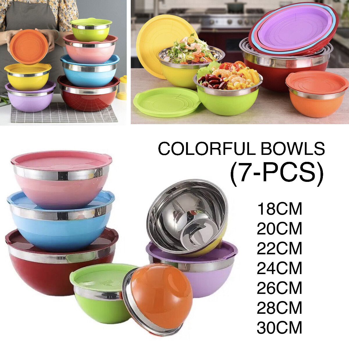 7Pcs Colorful Stainless Steel Bowls with Lids Salad Mixing Bowls