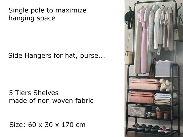 Single Pole Garment Rack with 5 Non woven Shelves