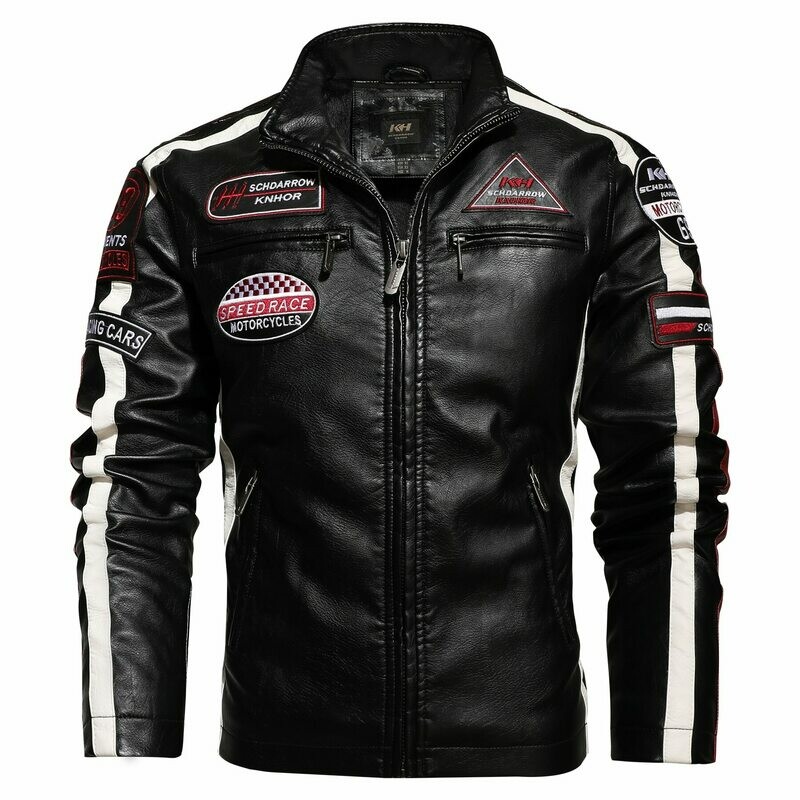 Motorcycle Jacket For Men In Autumn/Winter 2021 Fashion Casual Leather Embroidered Aviator Jacket In Winter Velvet PU Jacket