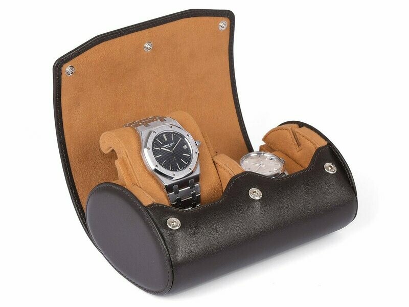 LEATHER WATCH STORAGE CASE FOR 2 WATCHES IN DARK BROWN