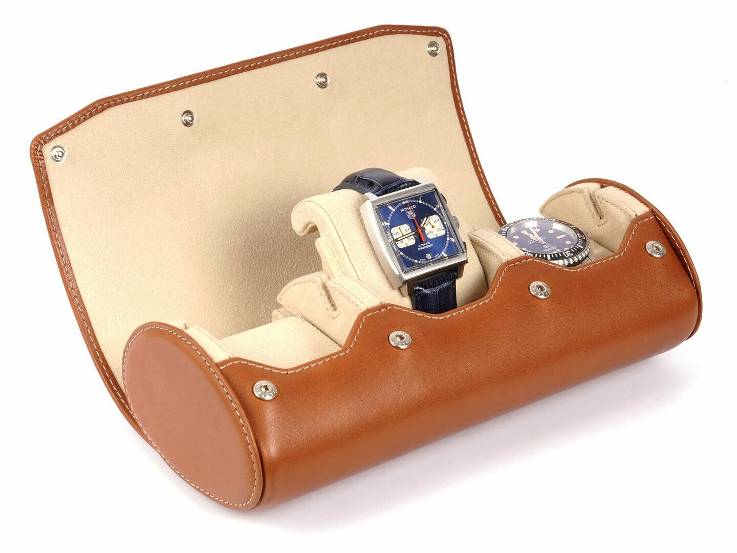 LEATHER WATCH STORAGE CASE FOR 3 WATCHES IN COGNAC LIGHT BROWN