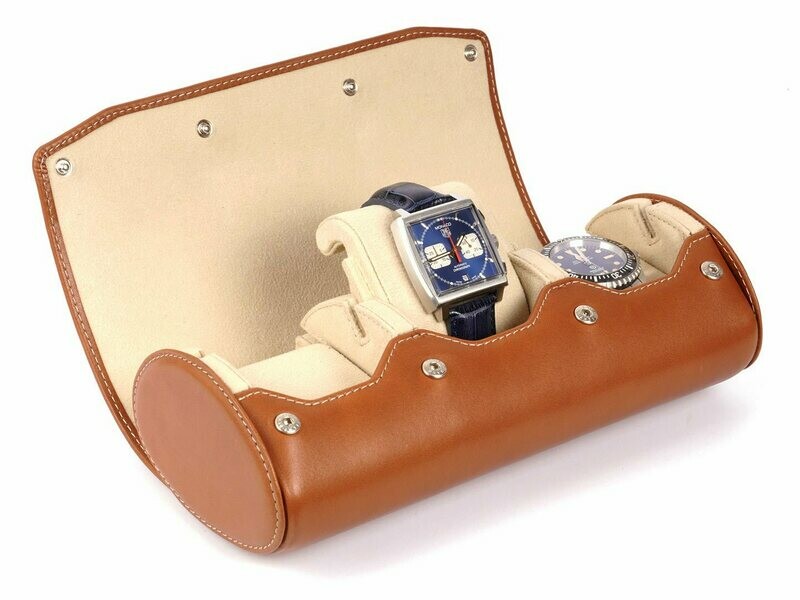 LEATHER WATCH STORAGE CASE FOR 3 WATCHES IN COGNAC LIGHT BROWN