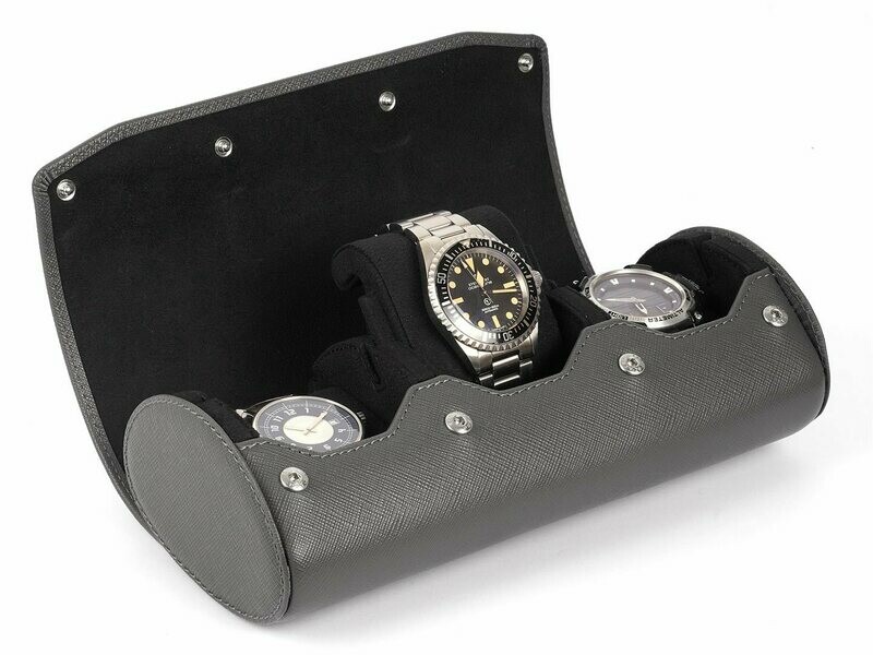LEATHER WATCH STORAGE CASE FOR 3 WATCHES IN GREY SAFFIANO