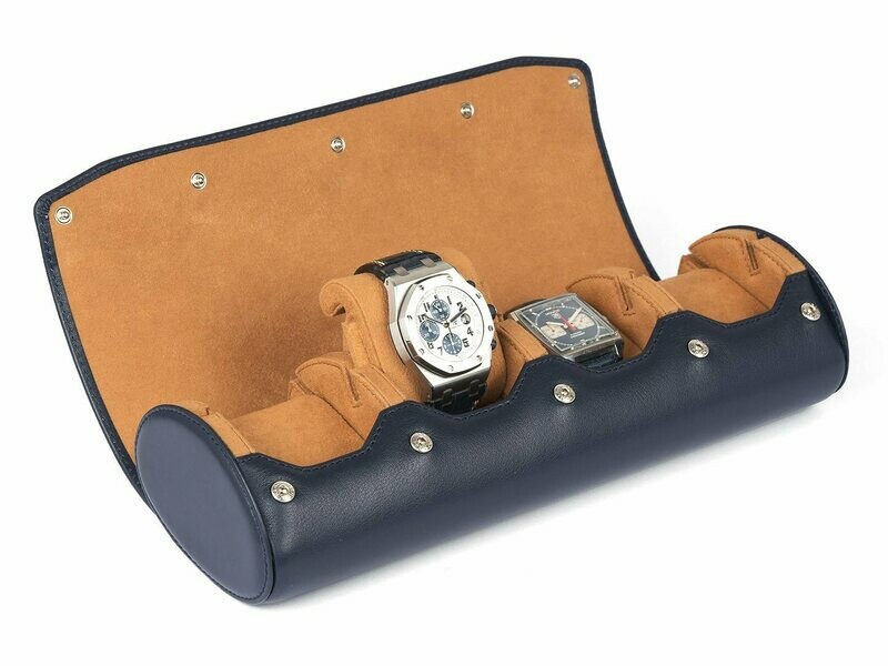 LEATHER WATCH STORAGE CASE FOR 4 WATCHES IN NAVY BLUE