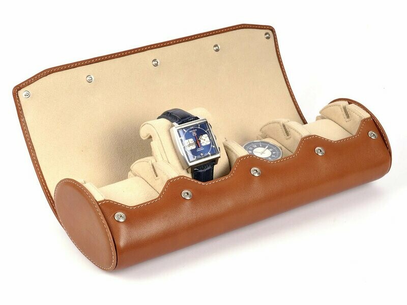 LEATHER WATCH STORAGE CASE FOR 4 WATCHES IN COGNAC LIGHT BROWN