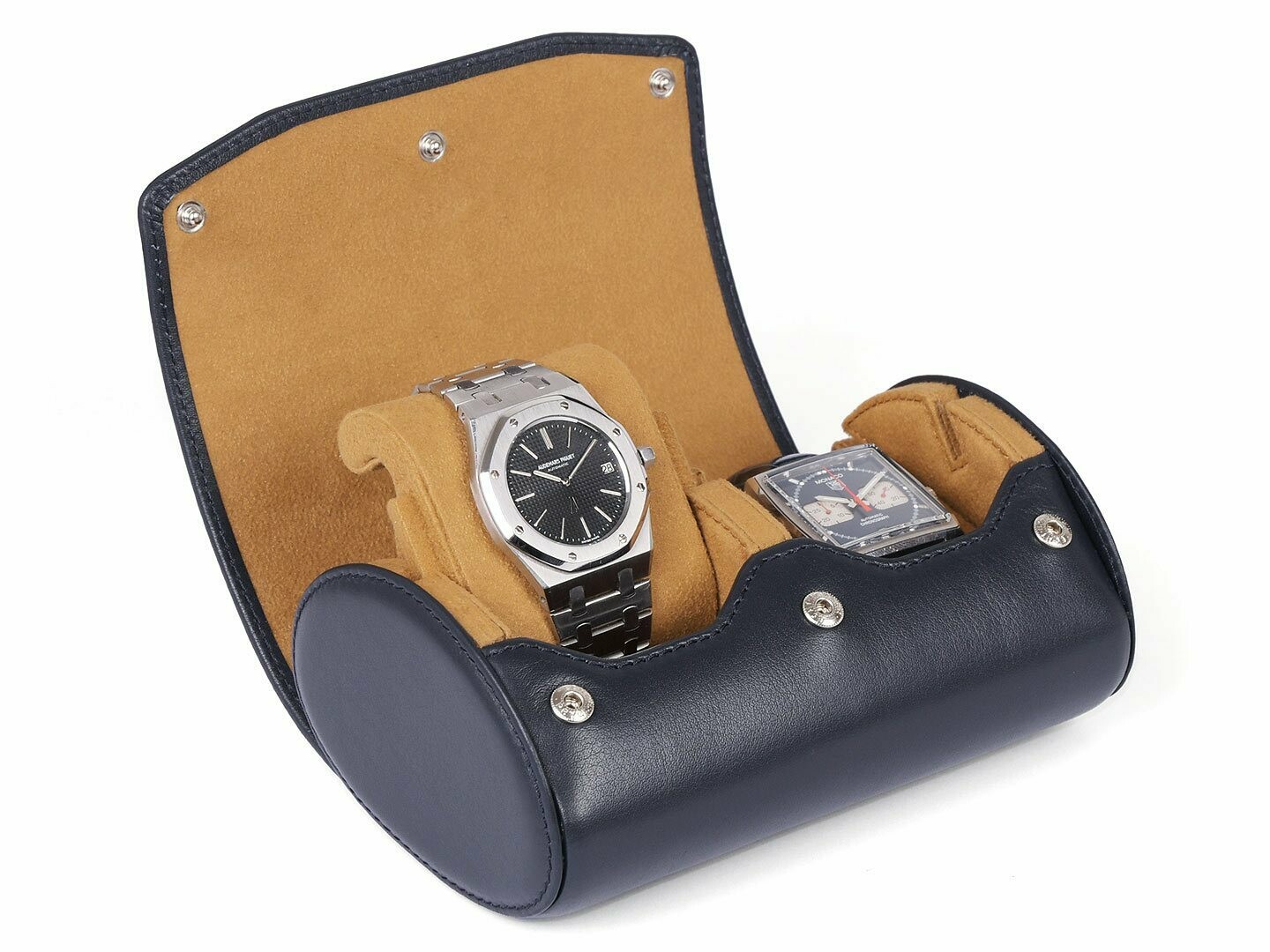 LEATHER WATCH STORAGE CASE FOR 2 WATCHES IN NAVY BLUE