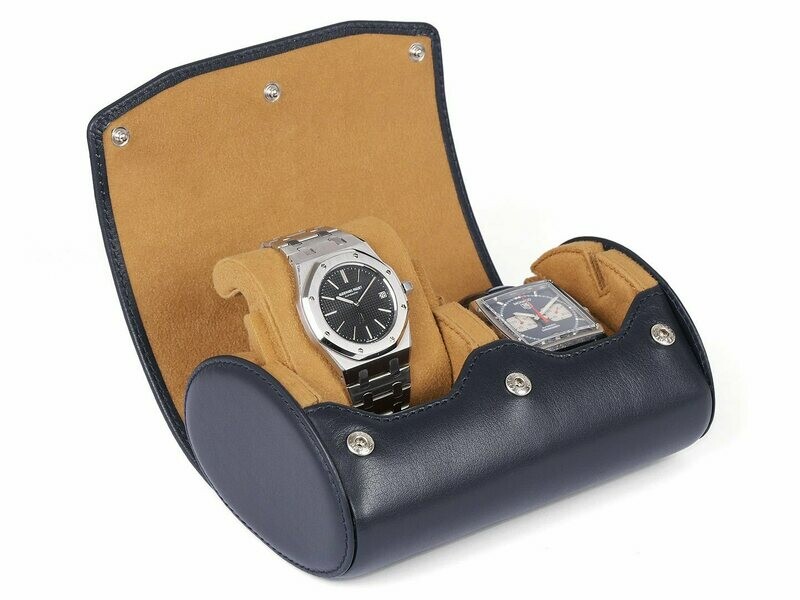 LEATHER WATCH STORAGE CASE FOR 2 WATCHES IN NAVY BLUE