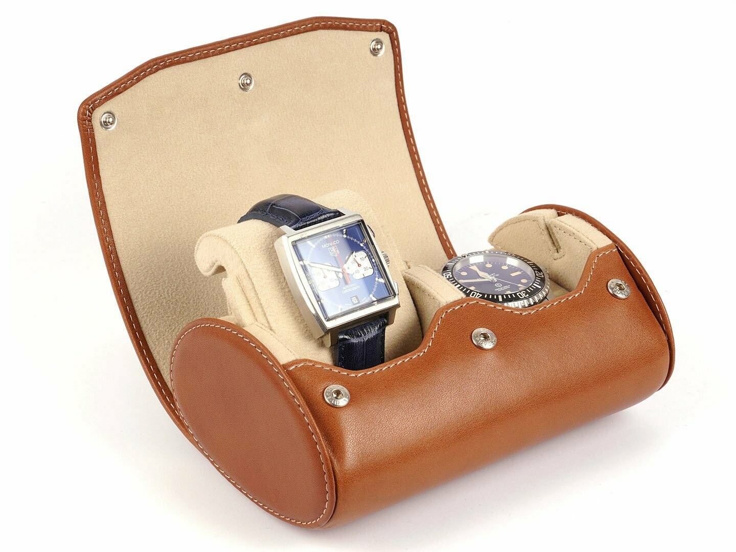 LEATHER WATCH STORAGE CASE FOR 2 WATCHES IN GOGNAC LIGHT BROWN