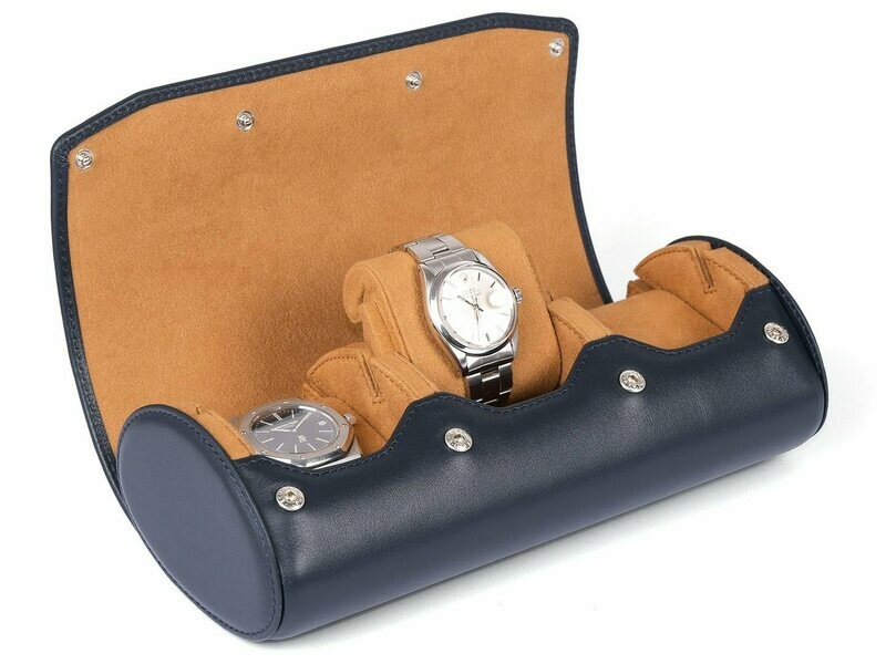 LEATHER WATCH STORAGE CASE FOR 3 WATCHES IN NAVY BLUE