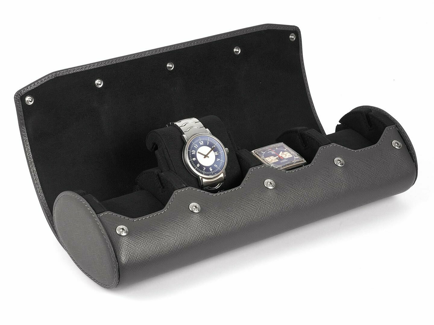 LEATHER WATCH STORAGE CASE FOR 4 WATCHES IN GREY SAFFIANO