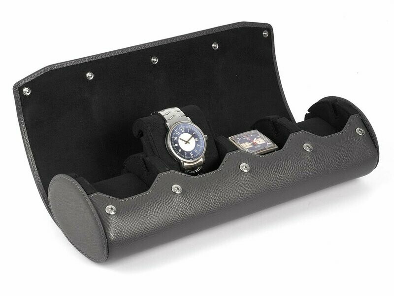 LEATHER WATCH STORAGE CASE FOR 4 WATCHES IN GREY SAFFIANO