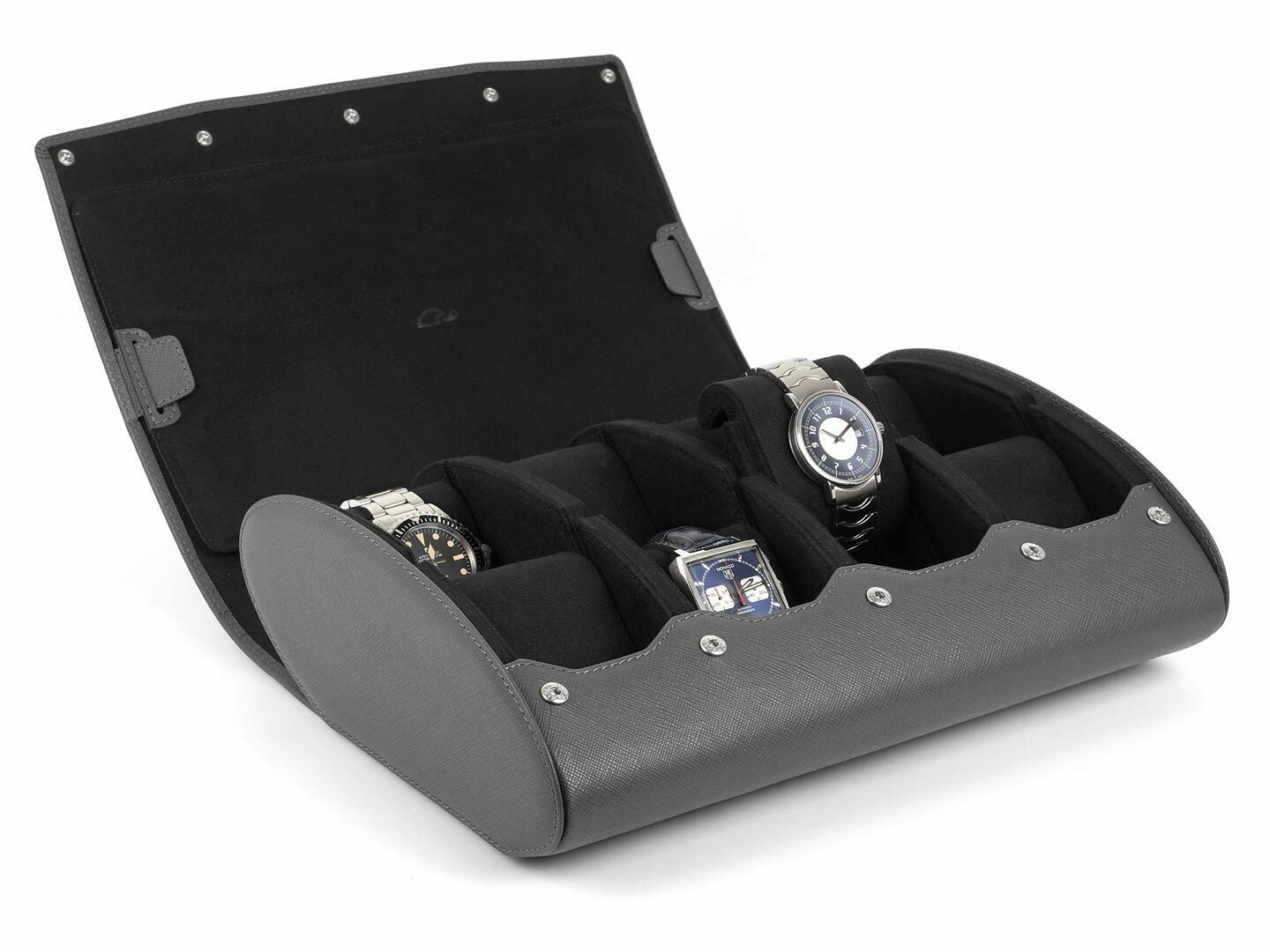 LEATHER WATCH STORAGE CASE FOR 8 WATCHES IN GREY SAFFIANO