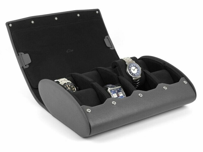 LEATHER WATCH STORAGE CASE FOR 8 WATCHES IN GREY SAFFIANO