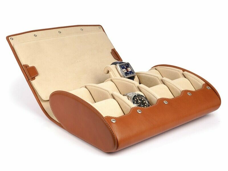 LEATHER WATCH STORAGE CASE FOR 8 WATCHES IN COGNAC LIGHT BROWN