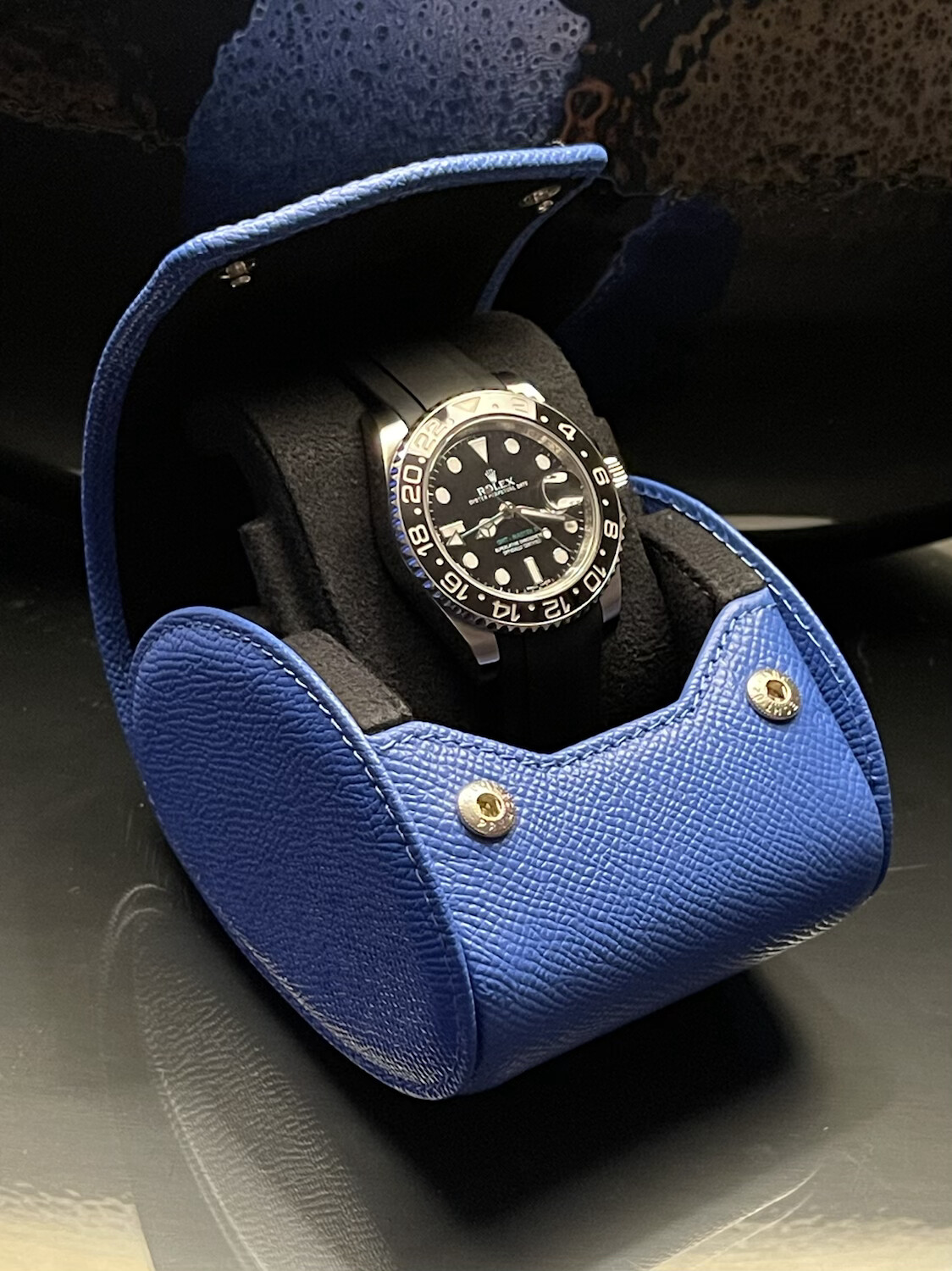LEATHER WATCH STORAGE CASE FOR 1 WATCH IN BLUE EPSOM