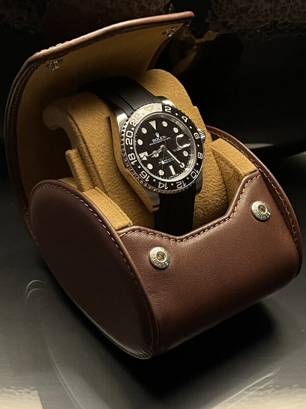 LEATHER WATCH STORAGE CASE FOR 1 WATCH IN MID-BROWN