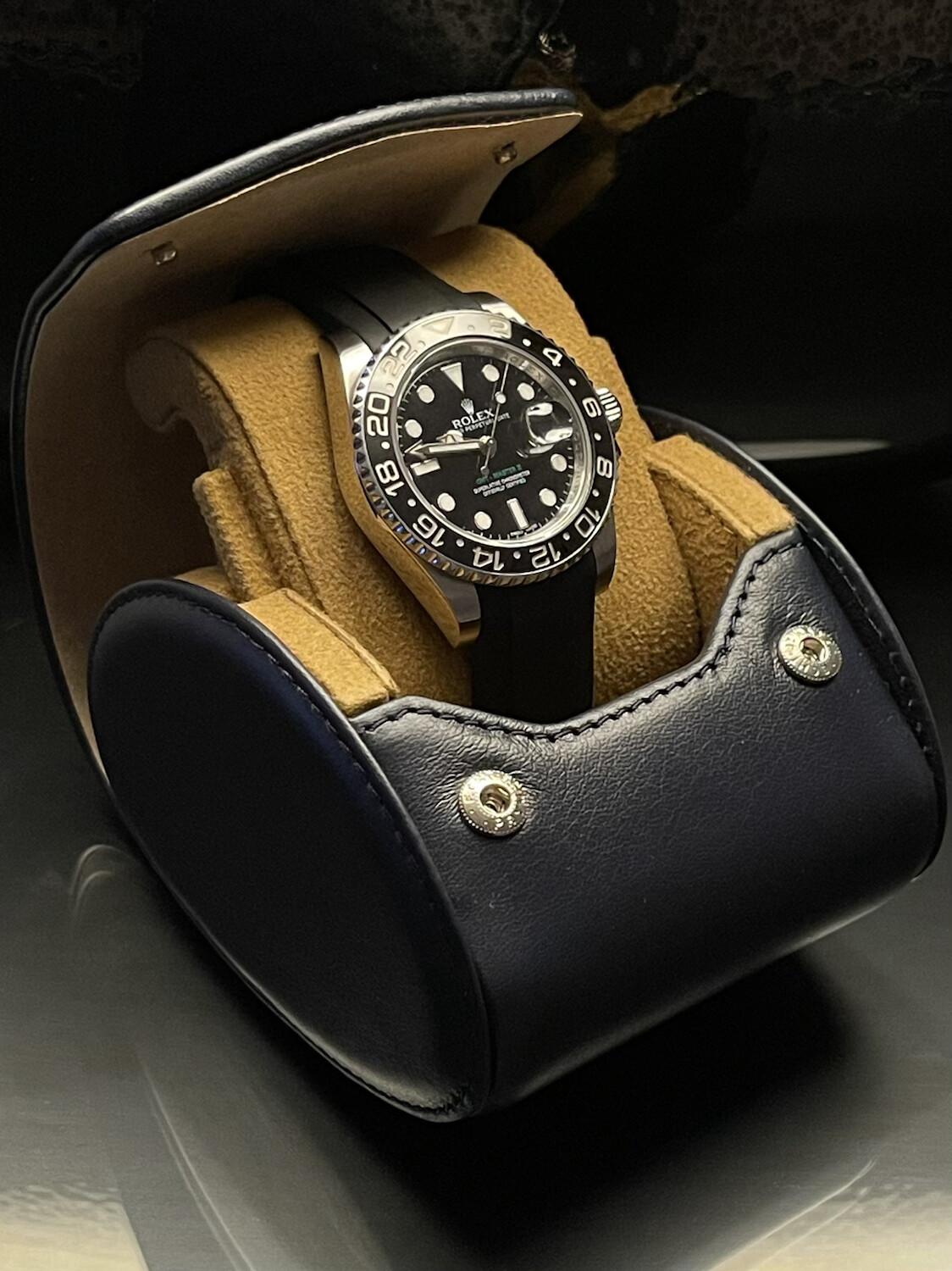 LEATHER WATCH STORAGE CASE FOR 1 WATCH IN NAVY BLUE
