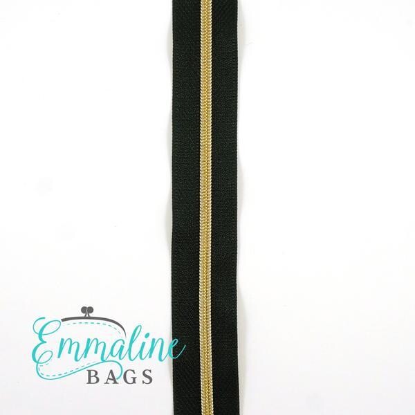 Emmaline Zippers-by-the-Yard - *SIZE#3* (Tape Only) - 3 Yards, Colour: Black Tape /  Light Gold Coil
