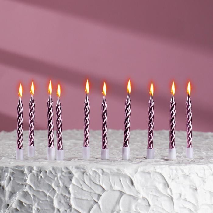 Свечи в торт "Спираль", 10шт, средние, 7см, розовый металлик 