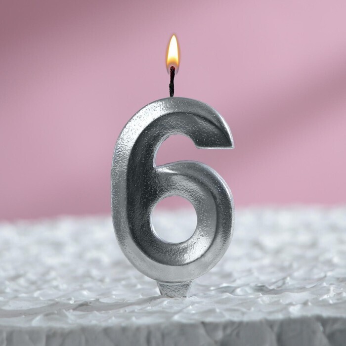 Свеча в торт "Грань", цифра "6", серебряный металлик, 7.8 см 