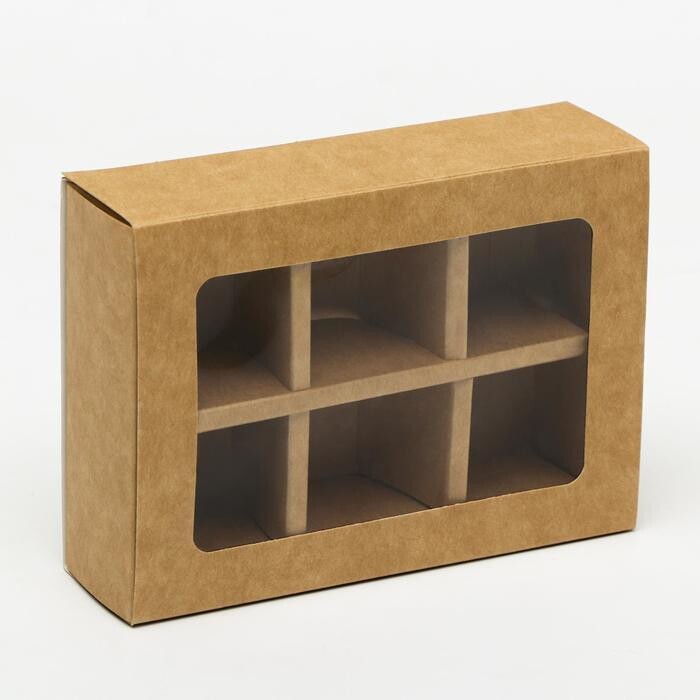 Коробка под 6 конфет с окном, крафт, 13,7 х 9,85 х 3,85 см