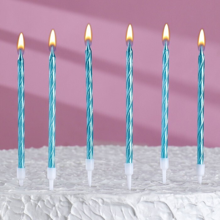 Свечи в торт 6 шт, 14 см, небесно-голубой, витые, с подставкой